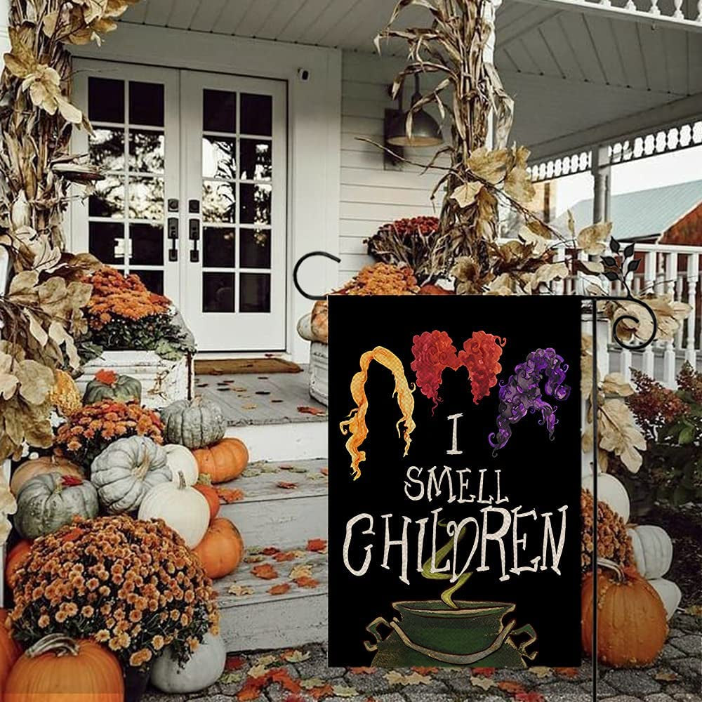 Halloween Garden Flag I Smell Children Sanderson Sisters Double Sided Vertical 12×18 Inch Rustic Black Farmhouse Decor for Seasonal Holiday Yard CF287-12