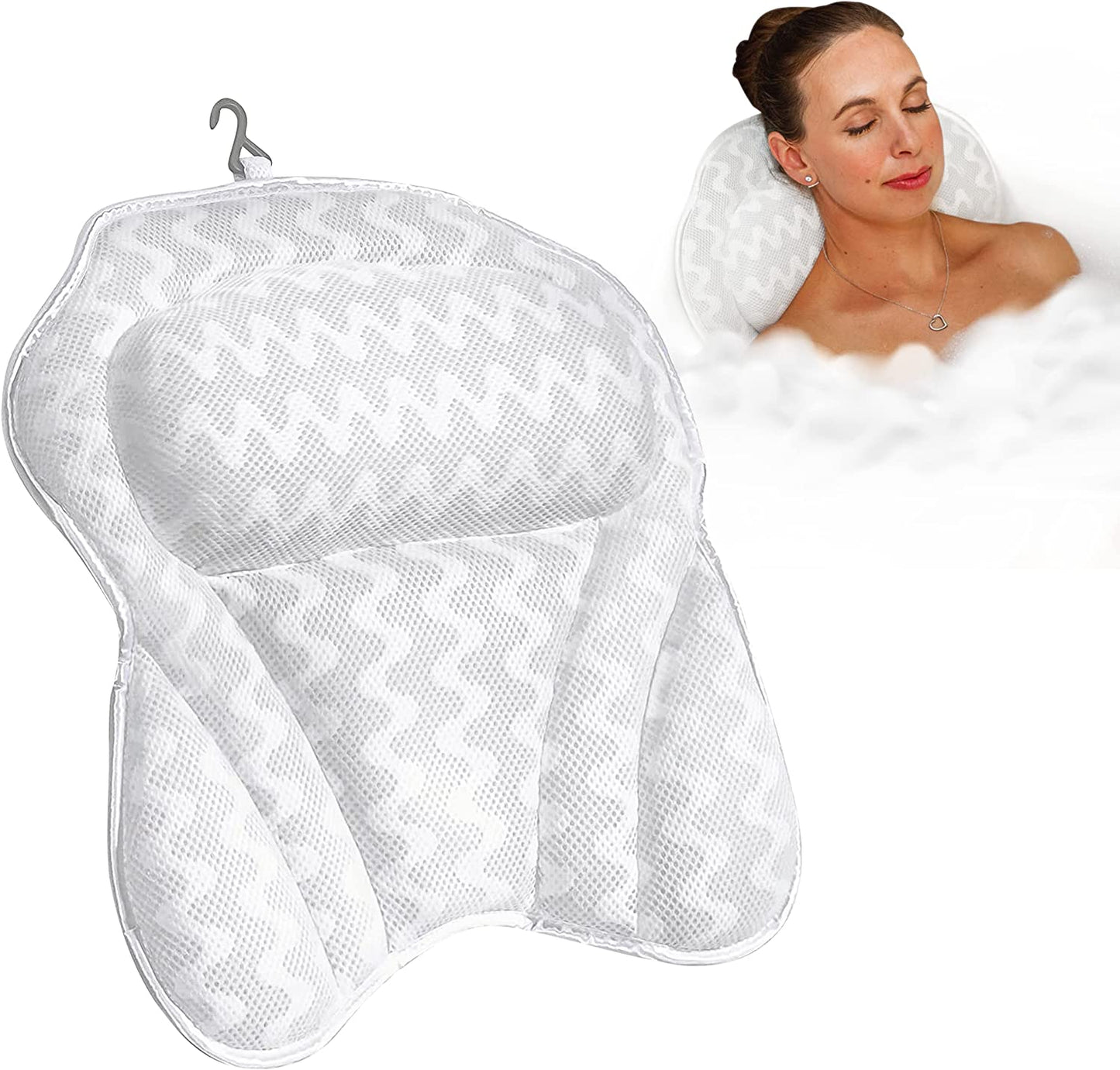 Bath Pillow Bathtub Pillow Back Neck Support Pillow, Spa Cushion for Tub, Relaxing Headrest Bath Pillow, Portable Washable Bathtub Accessories with 3D Air Mesh Thick Soft Bath Pillow, White