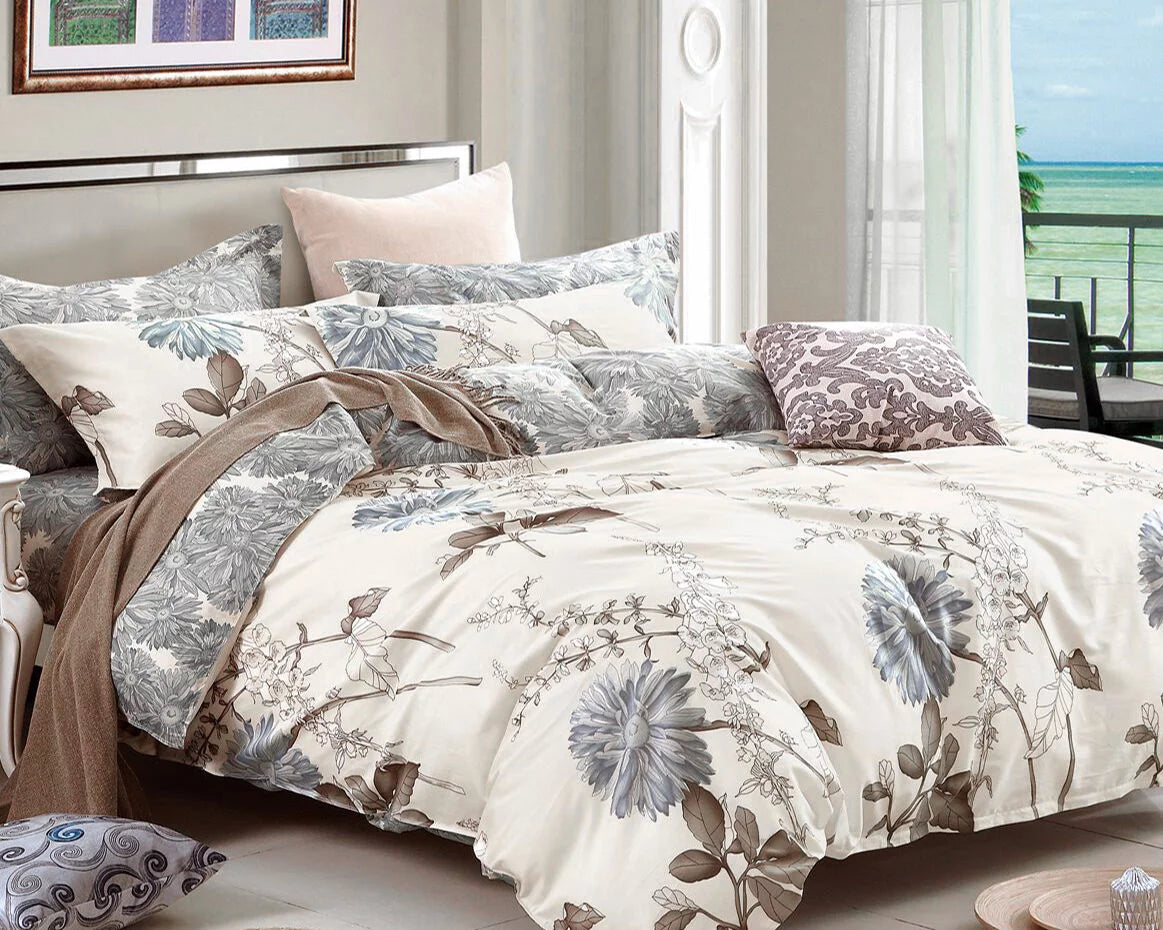 Daisy Silhouette Floral Print 2-Piece 100% Cotton Bedding Set: Duvet Cover and One Pillow Sham (Twin)
