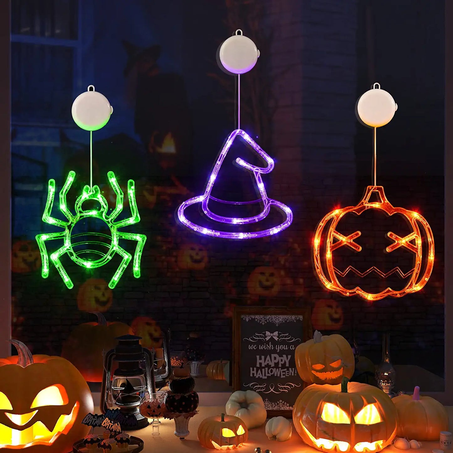 Halloween Decorations,3 Pack of Orange Pumpkin, Green Spider and Purple Witch Hat Halloween Window Lights with Suction Cup, Battery Operated Indoor Lights for Halloween Window Decoration