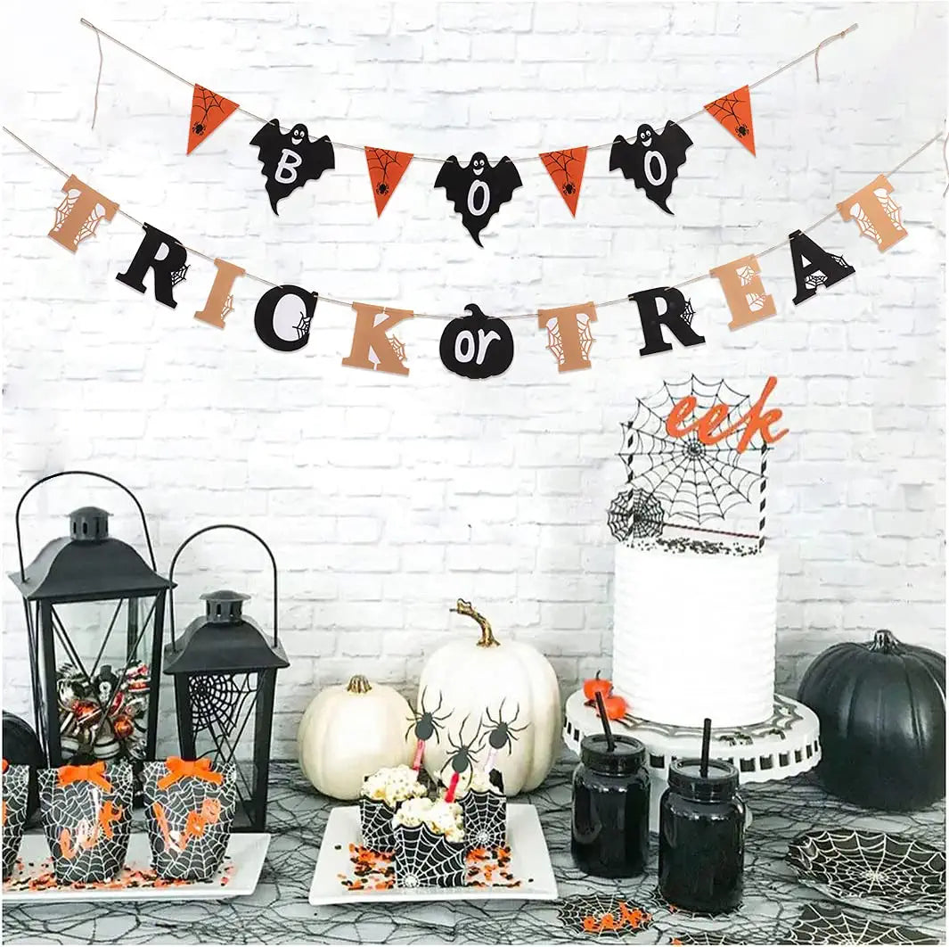Halloween Decorations Banner Garland Trick or Treat Boo Banner Home Decor Bunting Flag with Pumpkin Ghost Sign for Halloween Decor Party Supplies Home Hanging