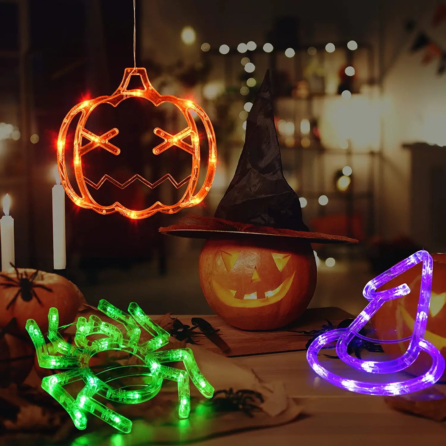 Halloween Decorations,3 Pack of Orange Pumpkin, Green Spider and Purple Witch Hat Halloween Window Lights with Suction Cup, Battery Operated Indoor Lights for Halloween Window Decoration