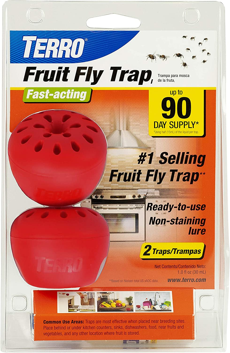 TERRO T2502 Ready-To-Use Indoor Fruit Fly Killer and Trap with Built in Window - 2 Traps + 90 Day Lure Supply