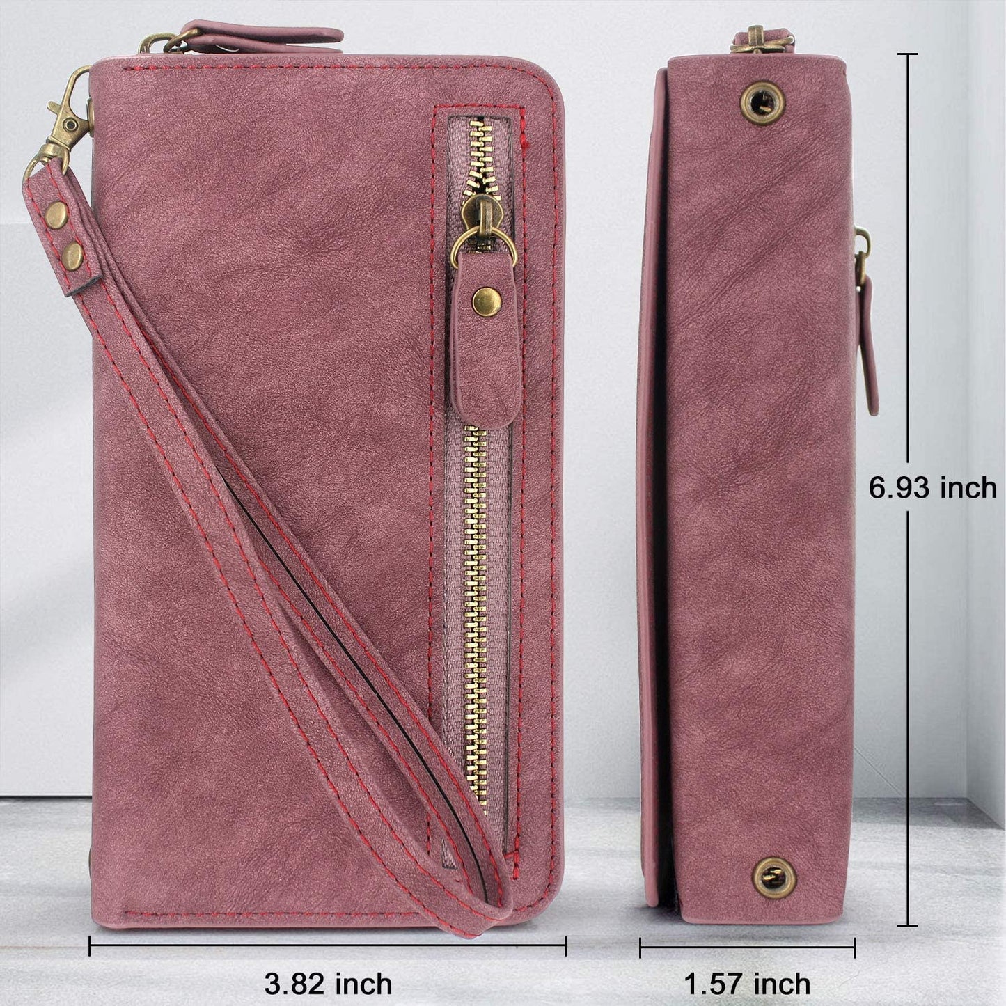 Lacass Compatible with Iphone 12 Pro Max Crossbody Chain Dual Zipper Detachable Magnetic Leather Wallet Case Cover Wristlets Wrist Strap with Card Slot Money Pocket(Wine Red)