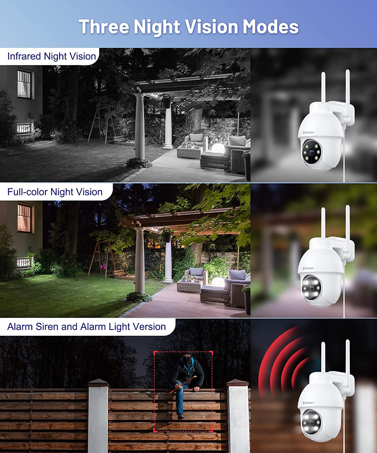 2K Security Cameras Outdoor, Wifi Home Video Surveillance Waterproof Camera with Color Night Vision 360° Pan-Tilt View, 2-Way Audio, 24/7 SD Card Storage, Works with Alexa and Google Assistant