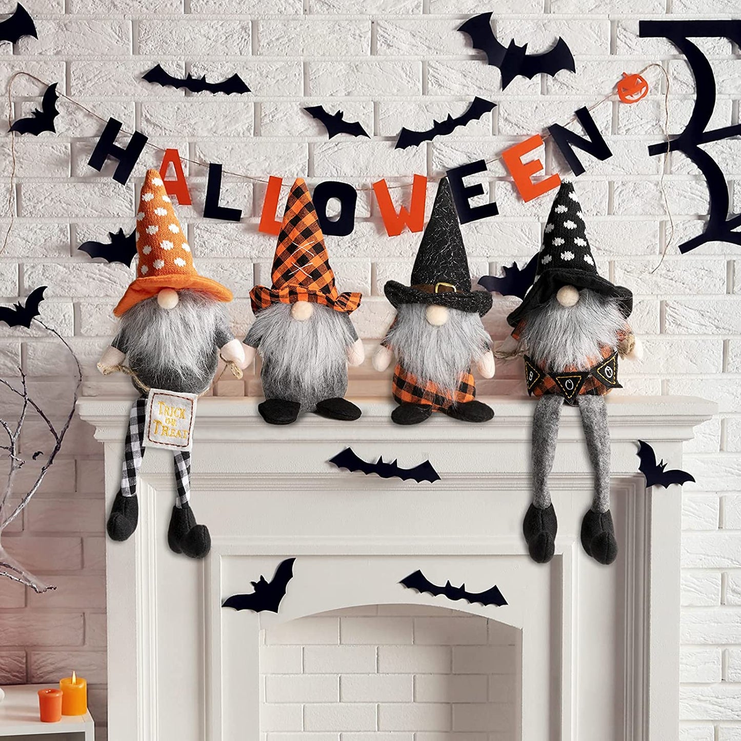 Halloween Gnome Decorations Set of 4, Elf Plush Doll for Home Bar Décor Household Ornaments, Tomte with 4 Different Designs and 2 Different Size