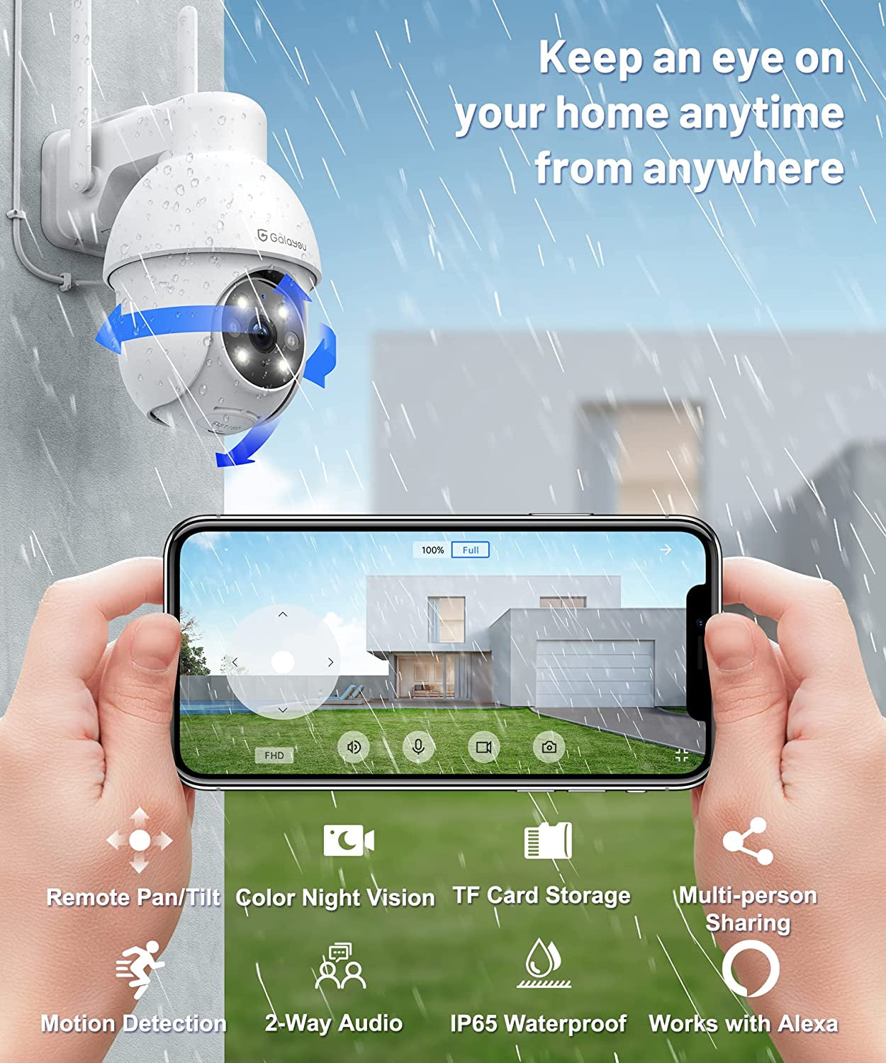 2K Security Cameras Outdoor, Wifi Home Video Surveillance Waterproof Camera with Color Night Vision 360° Pan-Tilt View, 2-Way Audio, 24/7 SD Card Storage, Works with Alexa and Google Assistant