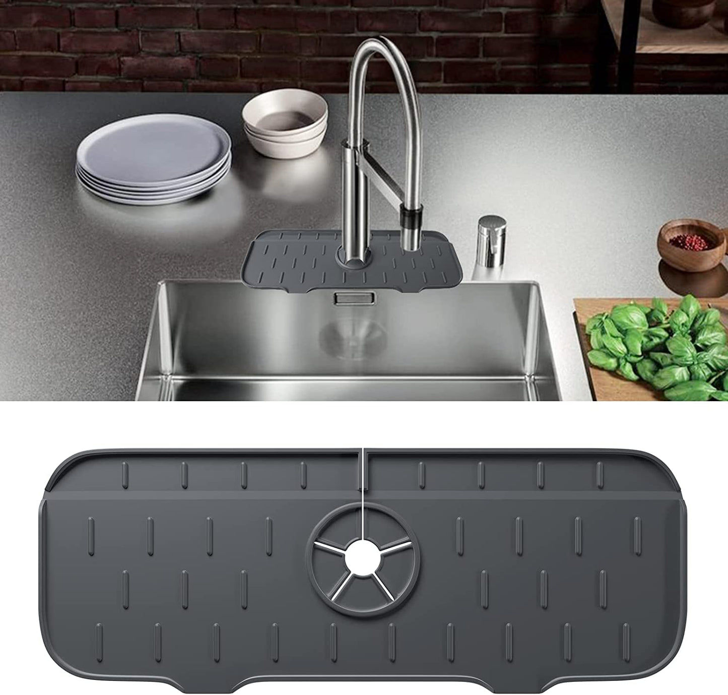Kitchen Sink Splash Guard Mat - Silicone Sink Water Splash Catcher Pad behind Faucet for Kitchen, Bathroom, Sink Draining Dish Drying Mat Countertop Splash Protector & Storage (Dark Grey)