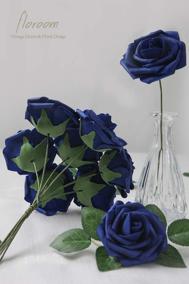 Artificial Flowers 25Pcs Real Looking Royal Blue Foam Fake Roses with Stems for DIY Table Centerpieces Party Home Decorations