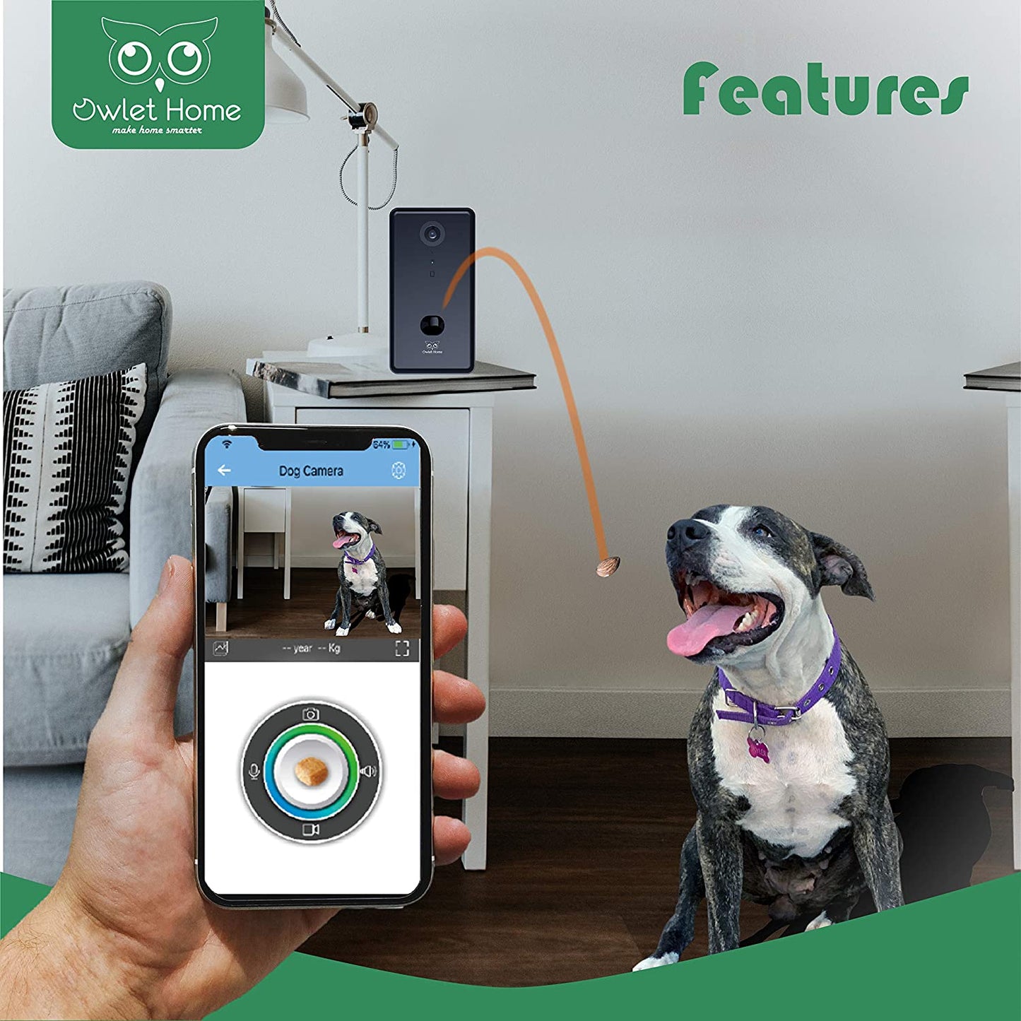 | Pet Camera with Treat Dispenser & Tossing for Dogs/Cats, Wifi, 1080P Camera, Live Video, Auto Night Vision, 2-Way Audio, Compatible with Alexa