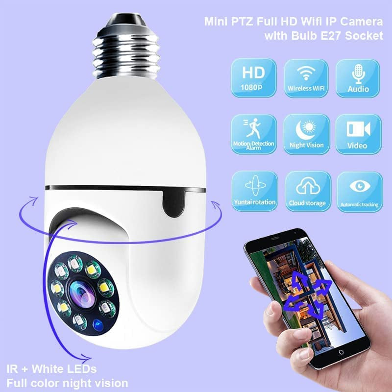 Light Bulb Camera Wifi Outdoor, 1080P Smart Light Bulb Camera Security Camera, Wireless Bulb Camera 360 Degree Wifi Outdoor Indoor Panoramic Camera (1Pc-White)