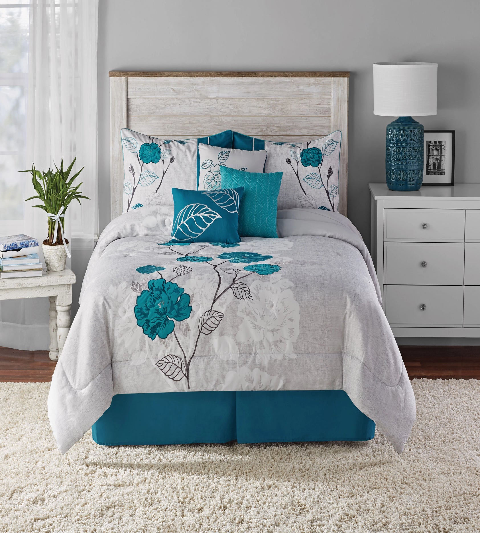 7-Piece Teal Roses Comforter Set, Full/Queen, with Embroidered Applique Detail