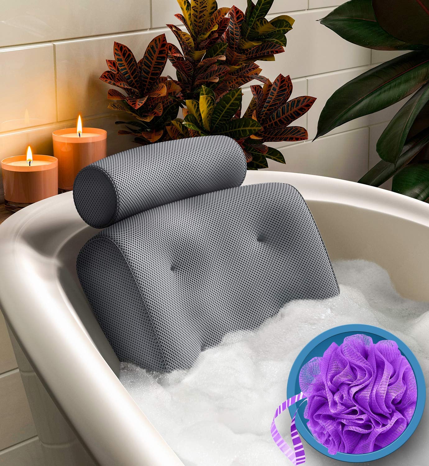 Bath Pillow - Relax in Luxury - Fast Drying Bathtub Cushion for Head, Neck and Back - Spa & Tub Headrest Support, Washable, Portable, Thick, Gray