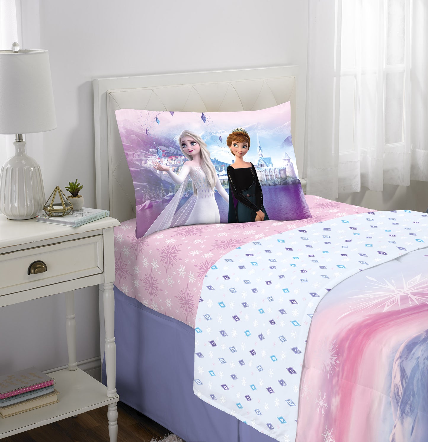 Disney Frozen Kids Twin Bed in a Bag, Comforter and Sheets, Purple and Pink