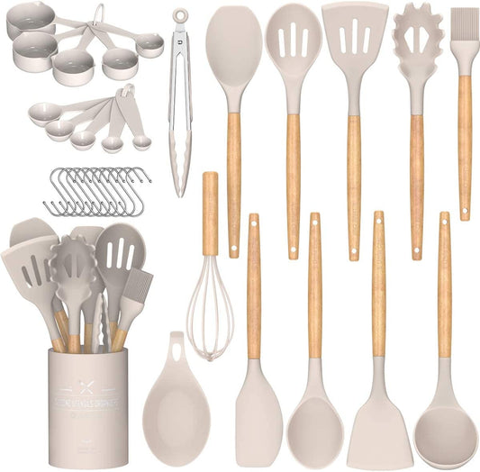 Kitchen Cooking Utensils Set, 33 Pcs Non-Stick Silicone Cooking Kitchen Utensils Spatula Set with Holder, Wooden Handle Silicone Kitchen Gadgets Utensil Set (Khaki)