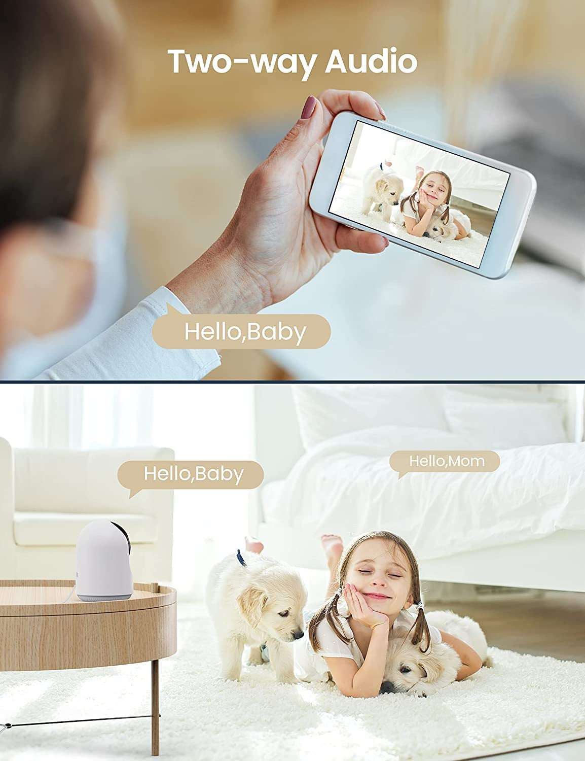 Pet Camera, Indoor Camera for Baby/Pet/Security, Wifi IP Camera, 2-Way Audio, Manual Up&Down, Motion/Sound Detection, Sd&Cloud Storage, Works with Alexa & Google Home, P1