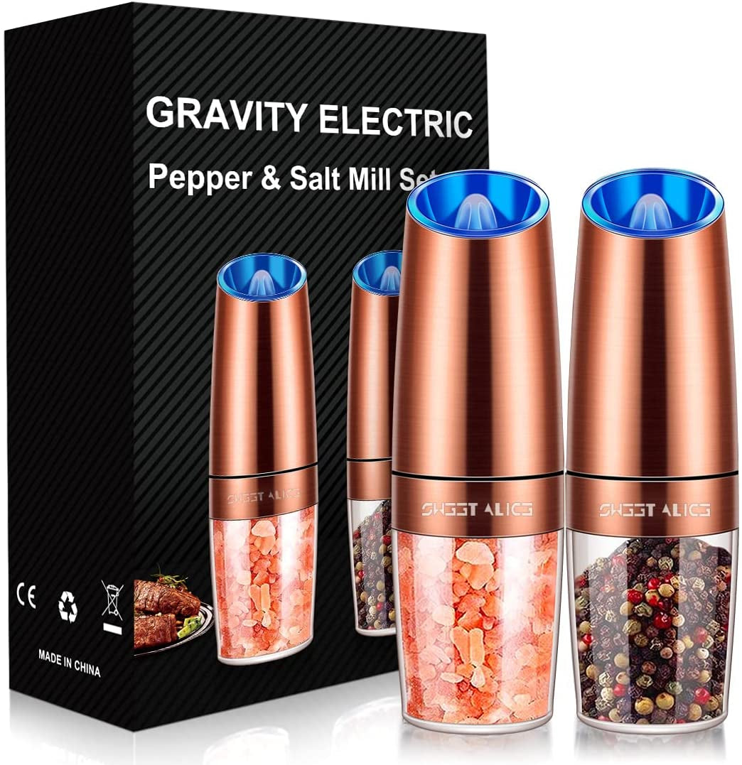 Gravity Electric Pepper and Salt Grinder Set, Adjustable Coarseness, Battery Powered with LED Light, One Hand Automatic Operation, Stainless Steel Copper, 2 Pack