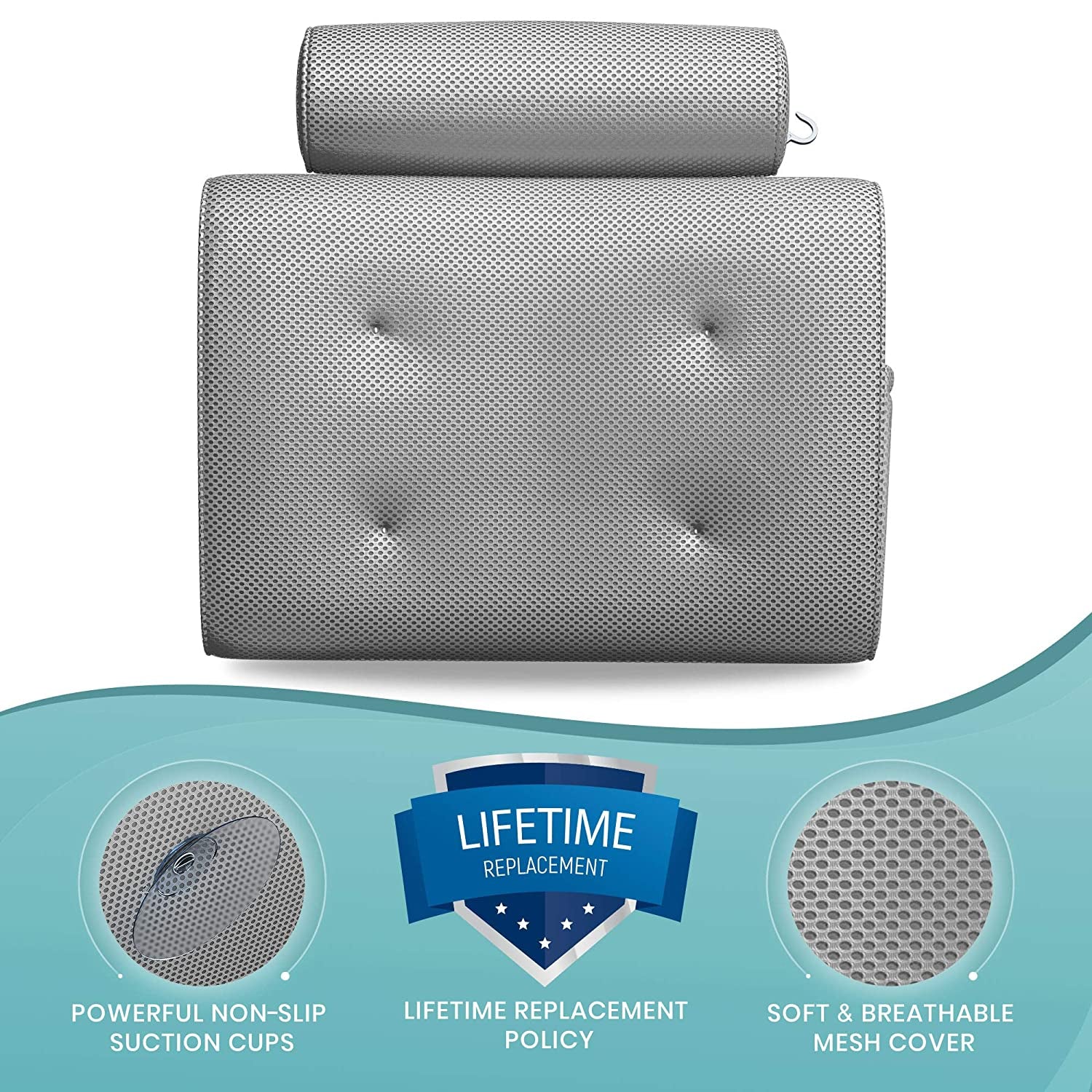 Bath Pillow - Relax in Luxury - Fast Drying Bathtub Cushion for Head, Neck and Back - Spa & Tub Headrest Support, Washable, Portable, Thick, Gray