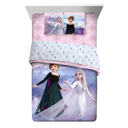 Disney Frozen Kids Twin Bed in a Bag, Comforter and Sheets, Purple and Pink