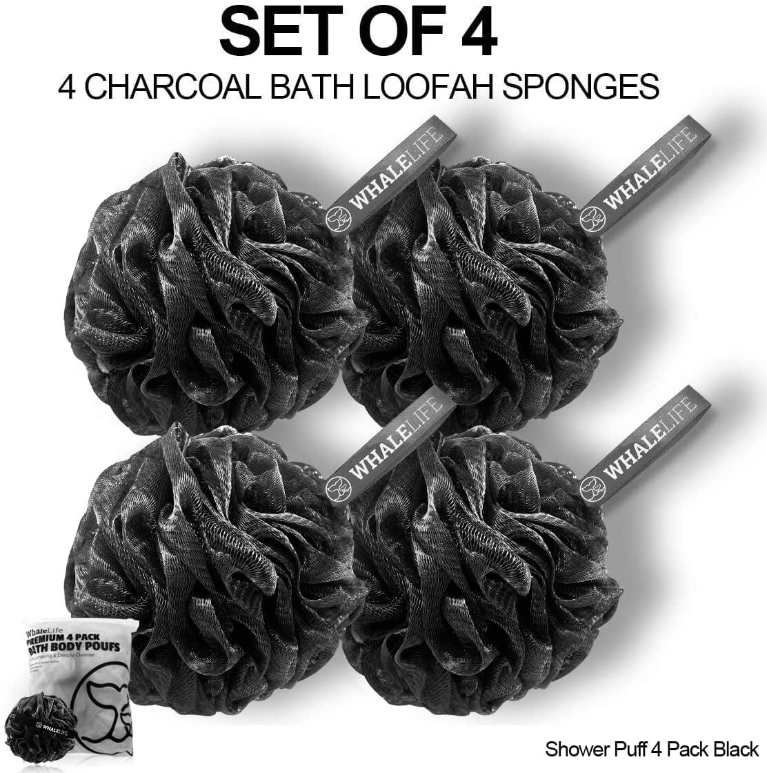 Shower Puff 4 Pack Black Bath Sponge Shower Loofahs Pouf Ball Nature Bamboo Charcoal Mesh Bulk Puffs Large, Shower Essential Skin Care by