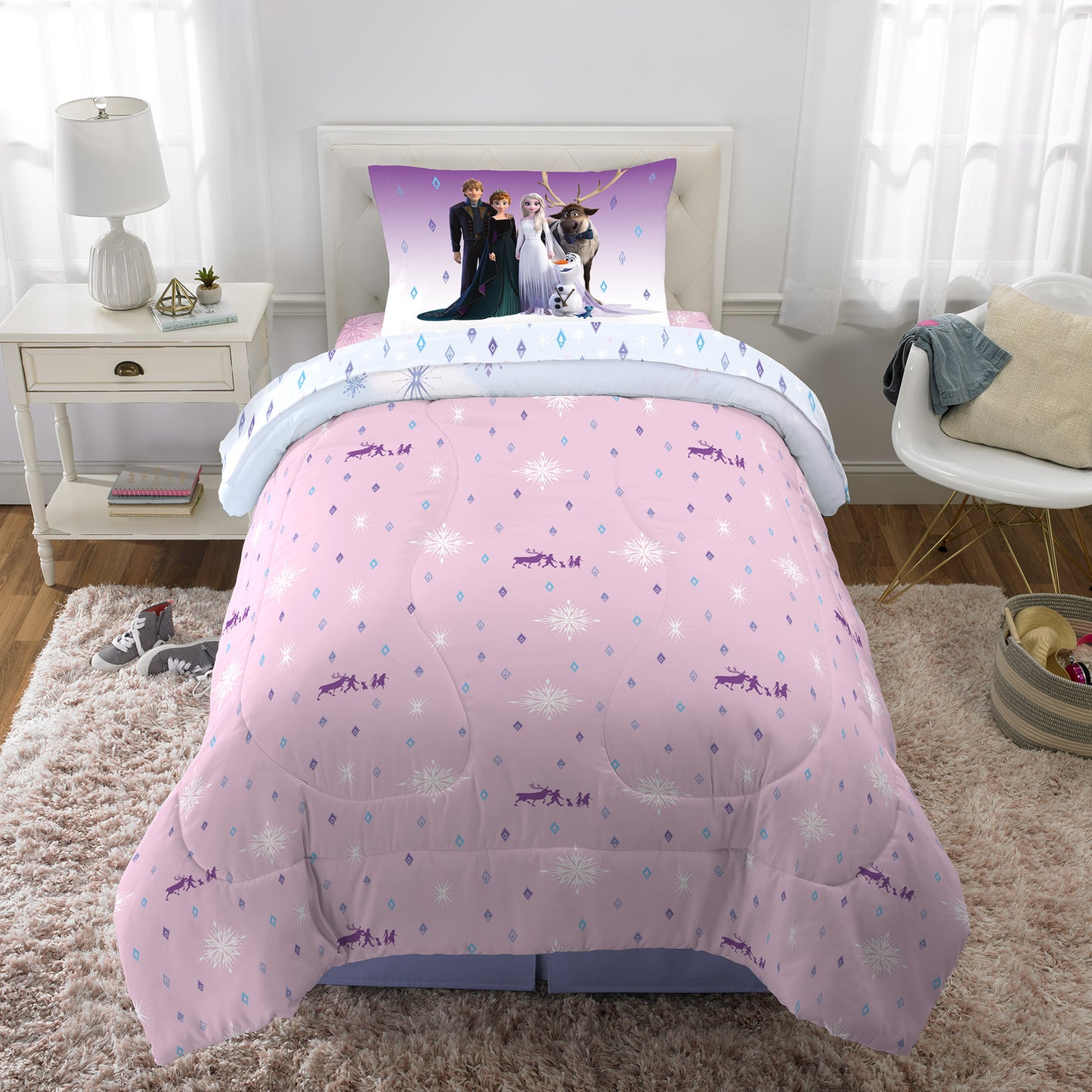 Disney Frozen Kids Twin Bed in a Bag, Comforter and Sheets, Purple and Pink