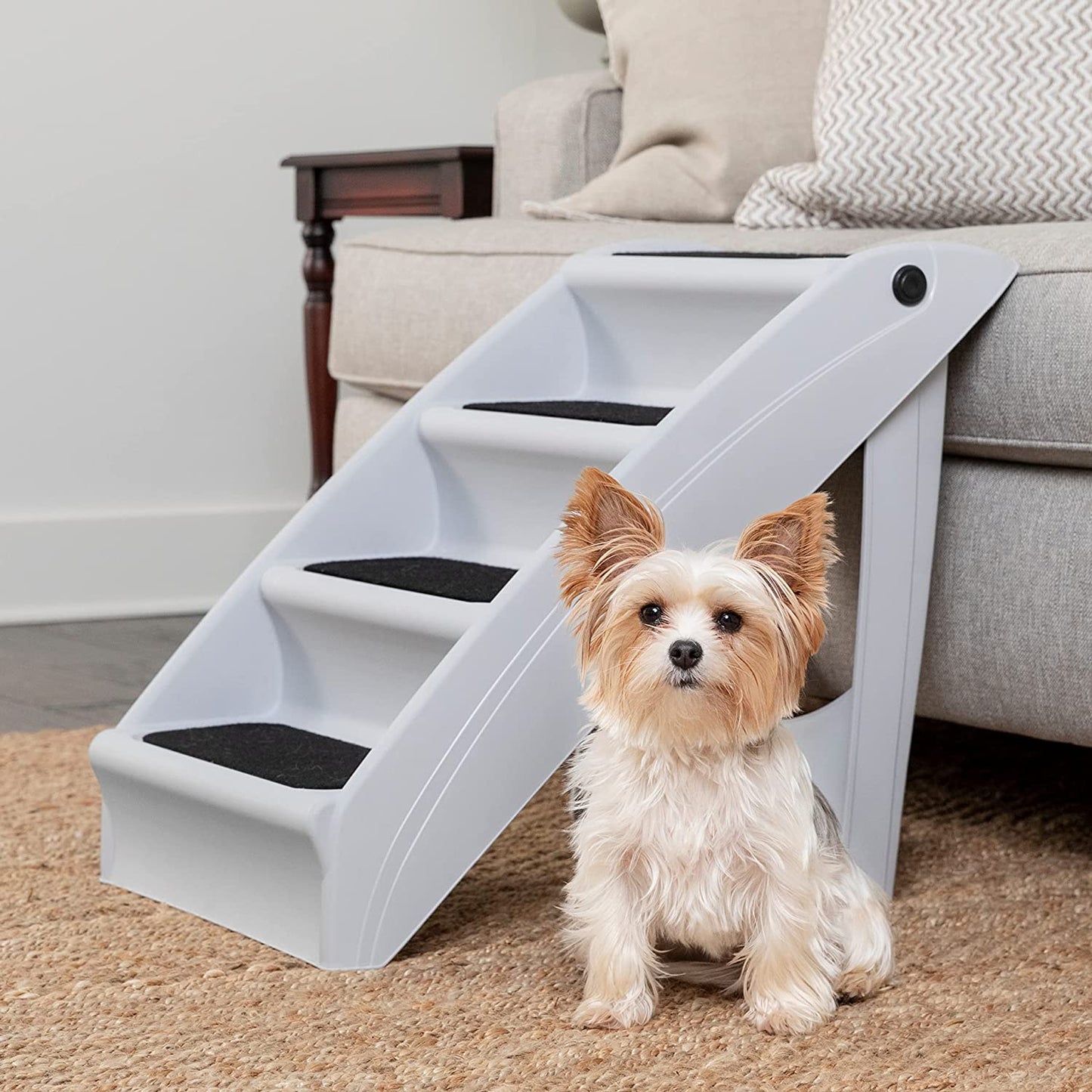 Cozyup Folding Dog Stairs - Pet Stairs for Indoor/Outdoor at Home or Travel - Dog Steps for High Beds - Pet Steps with Siderails, Non-Slip Pads - Durable, Support up to 150 Lbs - Large, Gray