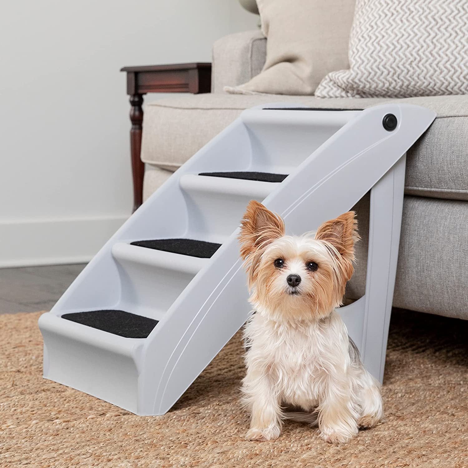 Cozyup Folding Dog Stairs - Pet Stairs for Indoor/Outdoor at Home or Travel - Dog Steps for High Beds - Pet Steps with Siderails, Non-Slip Pads - Durable, Support up to 150 Lbs - Large, Gray