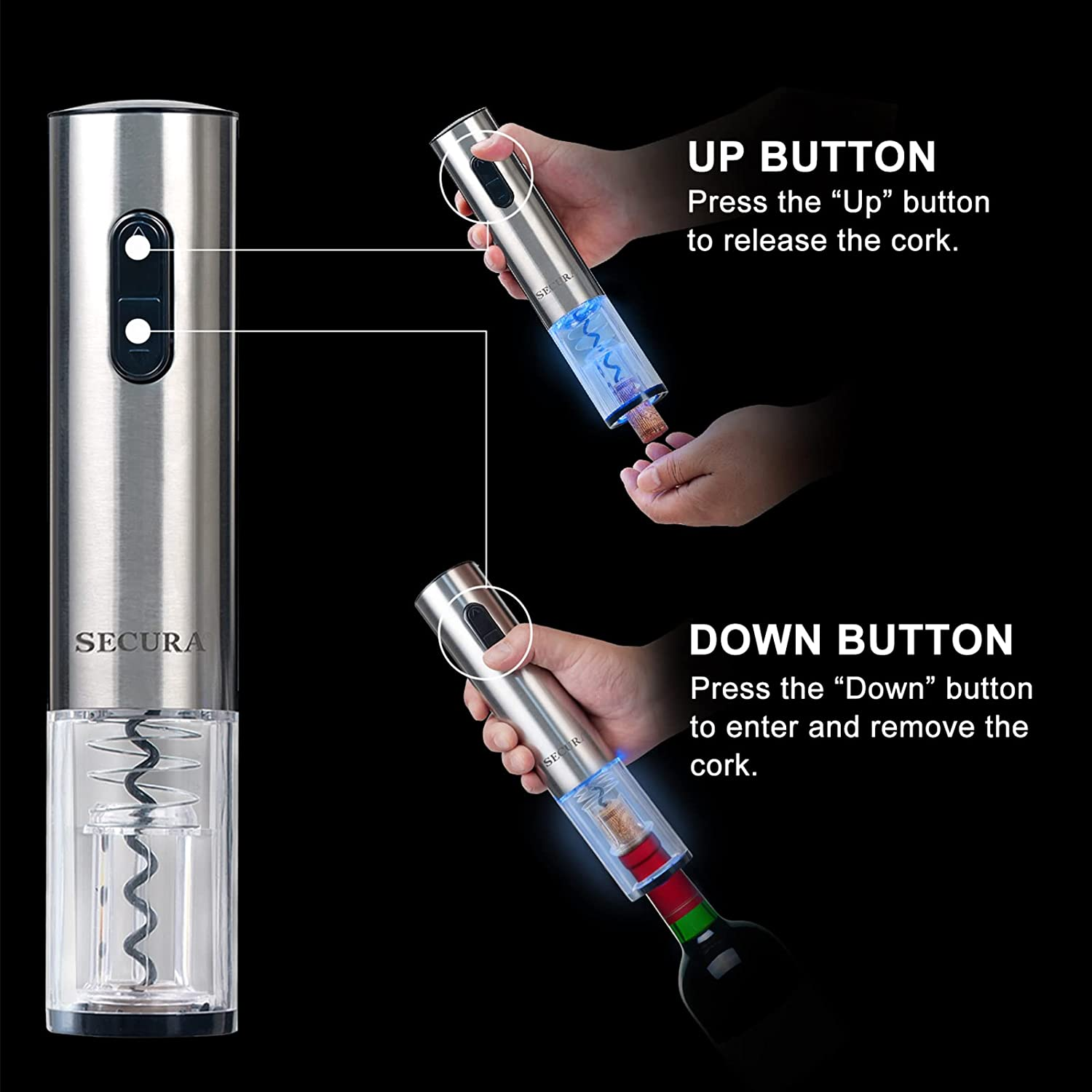 Electric Wine Opener, Automatic Electric Wine Bottle Corkscrew Opener with Foil Cutter, Rechargeable (Stainless Steel)