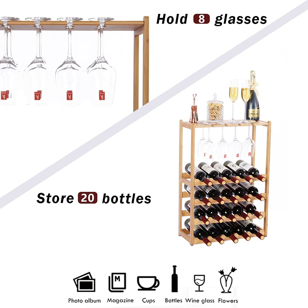 Wine Rack Bamboo 5-Tier with Glass Holder 20 Bottles Wine Storage Shelf for Home Kitchen Pantry Wine Cellar Freestanding Bottles Organizer Display Stand for Wine Lover Indoor