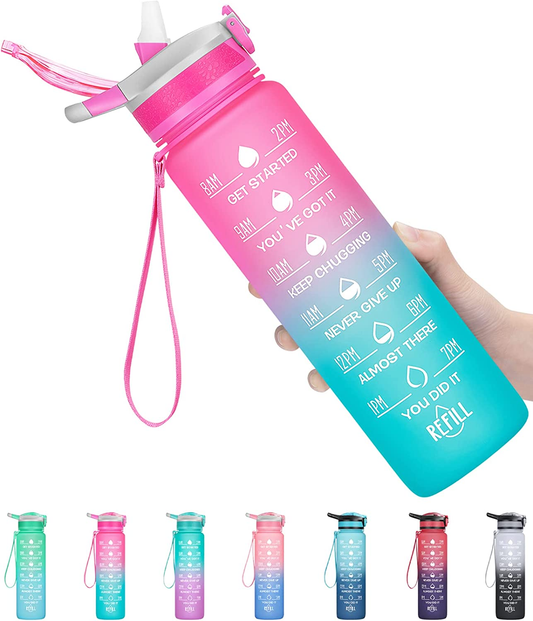 32OZ Water Bottles with Removable Straw & Time Marker, Motivational Water Bottle with BPA Free Tritan Material, Leakproof Water Jug for Fitness Sports