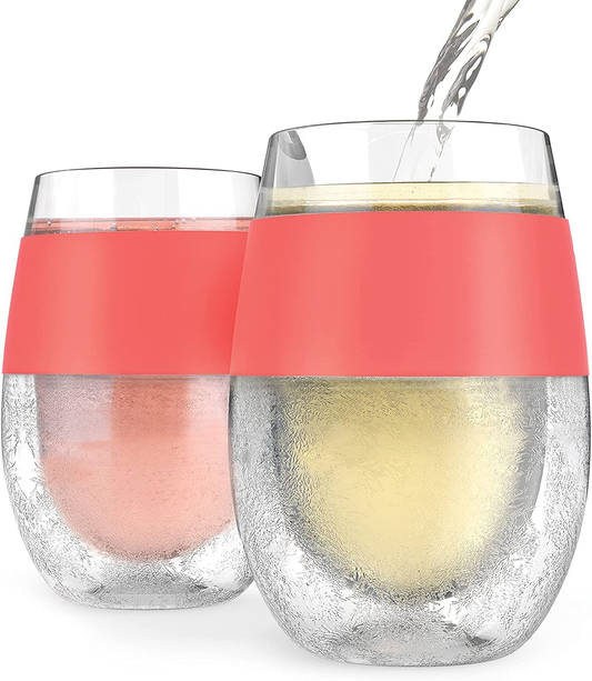 Wine Freeze Cup Set of 2 - Plastic Double Wall Insulated Wine Cooling Freezable Drink Vacuum Cup with Freezing Gel, Wine Glasses for Red and White Wine, 8.5 Oz Coral - Gift Essentials