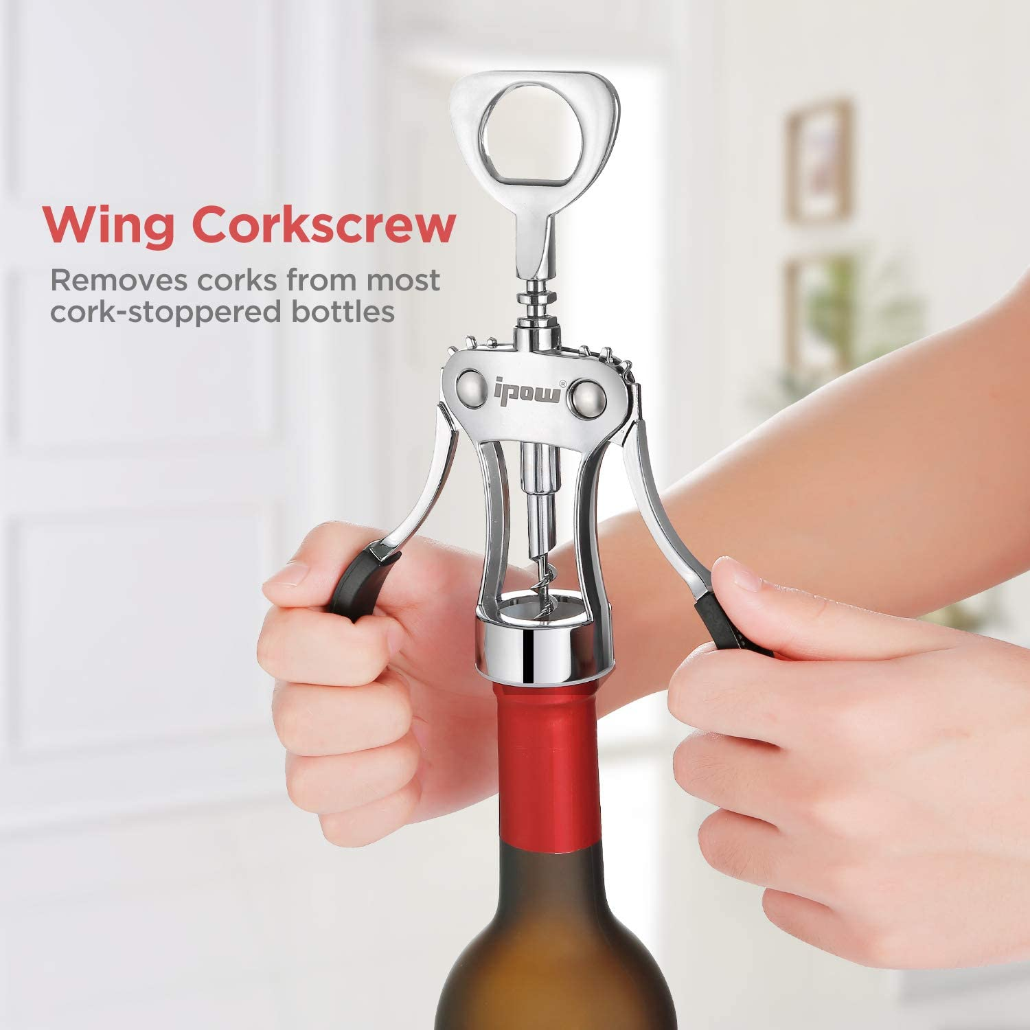 Wine Opener Wing Corkscrew, Build-In Wine Bottle Opener, Manual Multiunctional Cork Screw for Waiter & Bartender, Heavy Duty, Silver