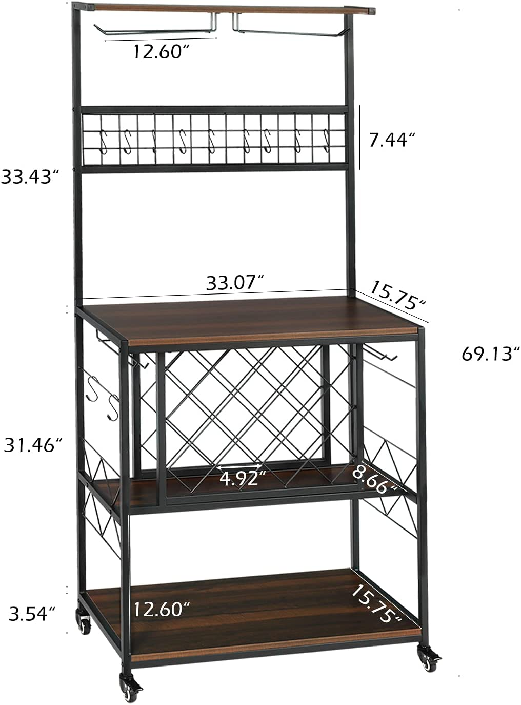 Wine Bakers Rack - 69.13" Industrial Wine Rack Table with Wine Storage & Glass Holder for Home Kitchen Dining Room Freestanding Wine Bar Cabinet Coffee Station, Multi-Function Home Bar, Brown