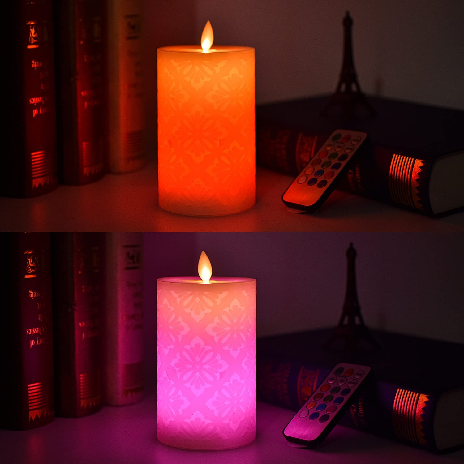 Flickering Flameless Candles, Set of 1 Real Wax Color Changing LED Pillar Candles Battery Operated Realistic 3D Dancing Flame Fake Candles with 18-Key Remote Control for Halloween Christmas