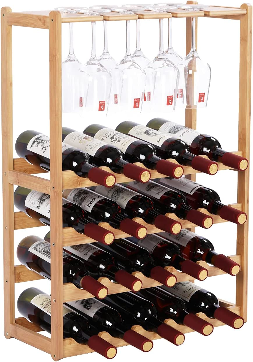 Wine Rack Bamboo 5-Tier with Glass Holder 20 Bottles Wine Storage Shelf for Home Kitchen Pantry Wine Cellar Freestanding Bottles Organizer Display Stand for Wine Lover Indoor