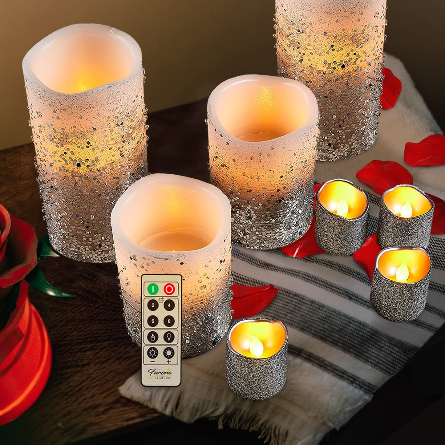 Silver Flameless Candles with Remote Control, Pack of 8 Real Wax LED Candle Battery Operated Pillar Candles and Votive Candles for Home Decor, 8 Flickering Electric Candles Gift Set