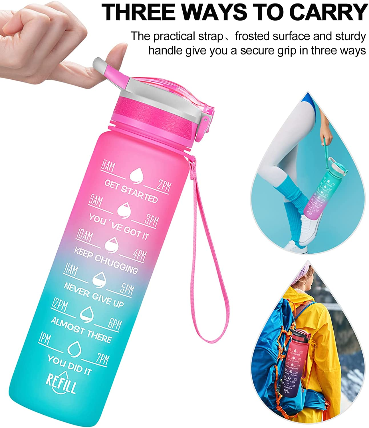 32OZ Water Bottles with Removable Straw & Time Marker, Motivational Water Bottle with BPA Free Tritan Material, Leakproof Water Jug for Fitness Sports