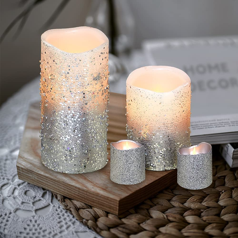 Silver Flameless Candles with Remote Control, Pack of 8 Real Wax LED Candle Battery Operated Pillar Candles and Votive Candles for Home Decor, 8 Flickering Electric Candles Gift Set