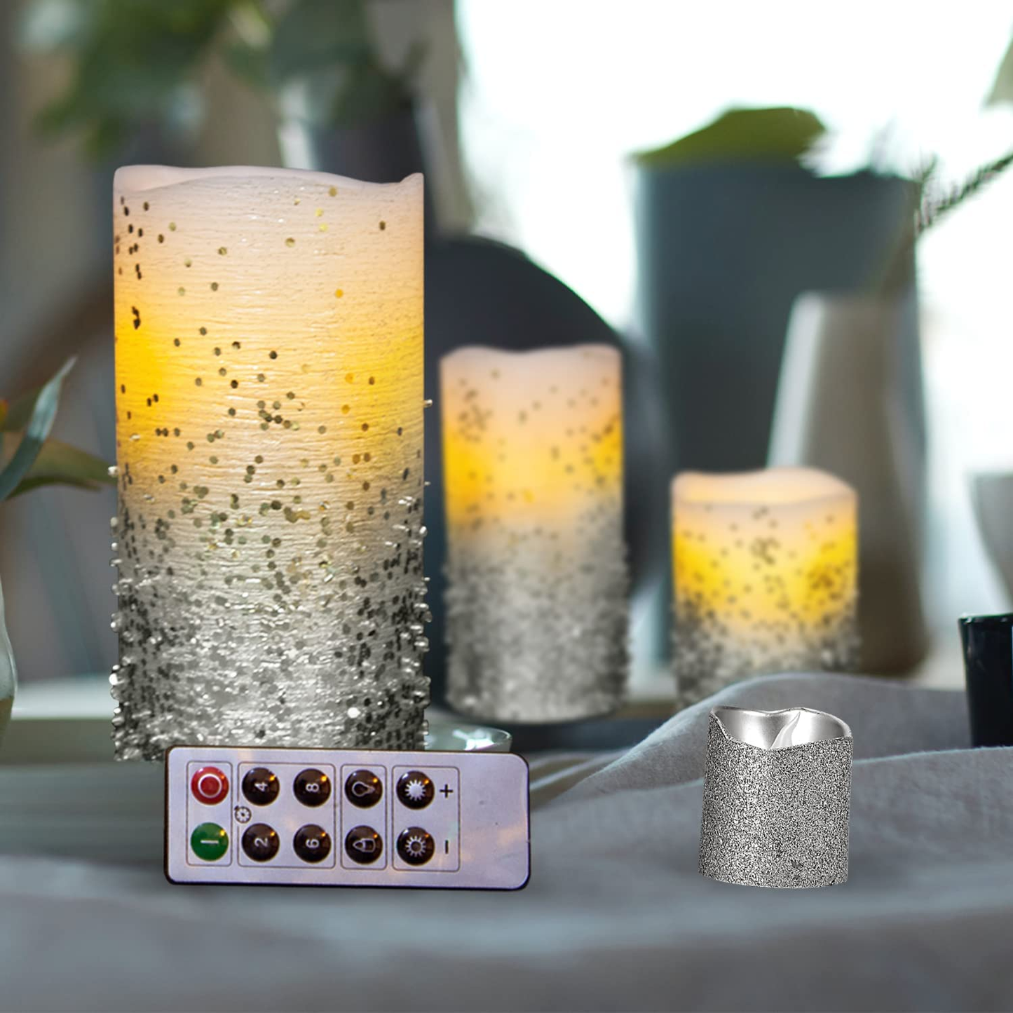 Silver Flameless Candles with Remote Control, Pack of 8 Real Wax LED Candle Battery Operated Pillar Candles and Votive Candles for Home Decor, 8 Flickering Electric Candles Gift Set