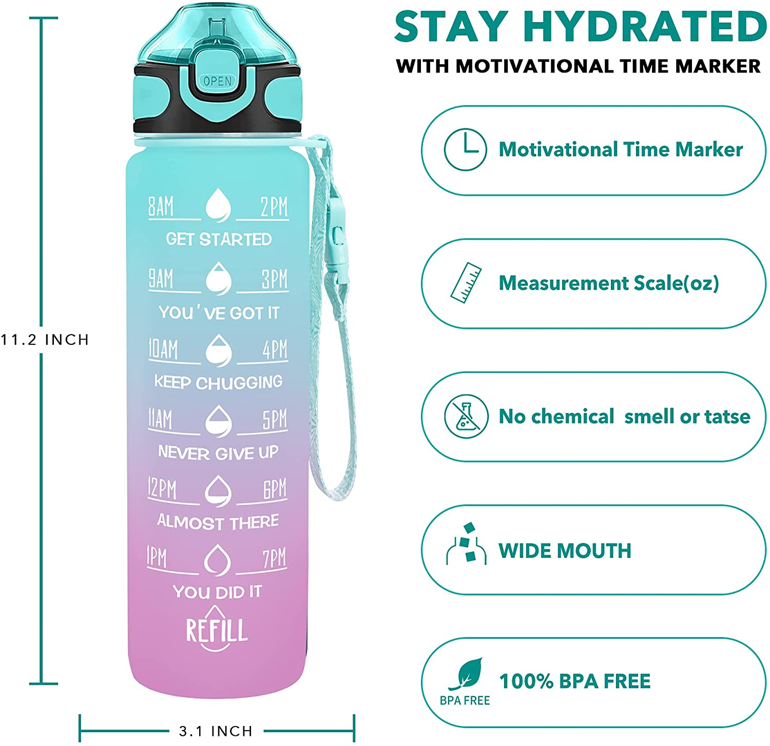 32 Oz Water Bottles with Times to Drink and Straw, Motivational Drinking Water Bottle with Carrying Strap, Leakproof BPA & Toxic Free, Ensure You Drink Enough Water for Fitness Gym Outdoor