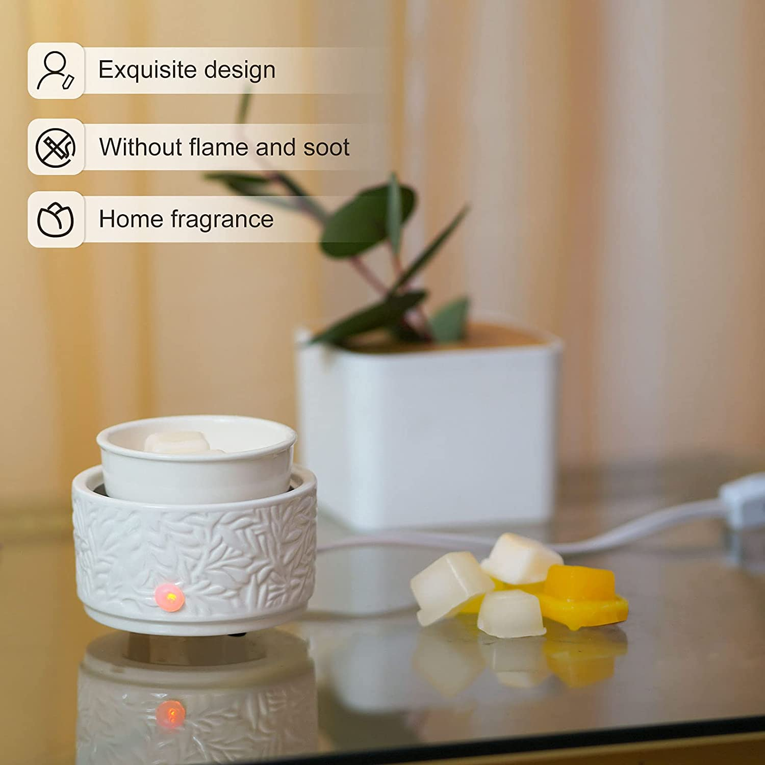 Wax Melt Warmer Burner Ceramic 3-In-1 Oil Burner Electric Wax Melt Warmer Wax Warmer Burner Melter Fragrance Warmer for Home Office Bedroom Aromatherapy Gift& Décor (White Leaves)