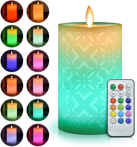 Flickering Flameless Candles, Set of 1 Real Wax Color Changing LED Pillar Candles Battery Operated Realistic 3D Dancing Flame Fake Candles with 18-Key Remote Control for Halloween Christmas