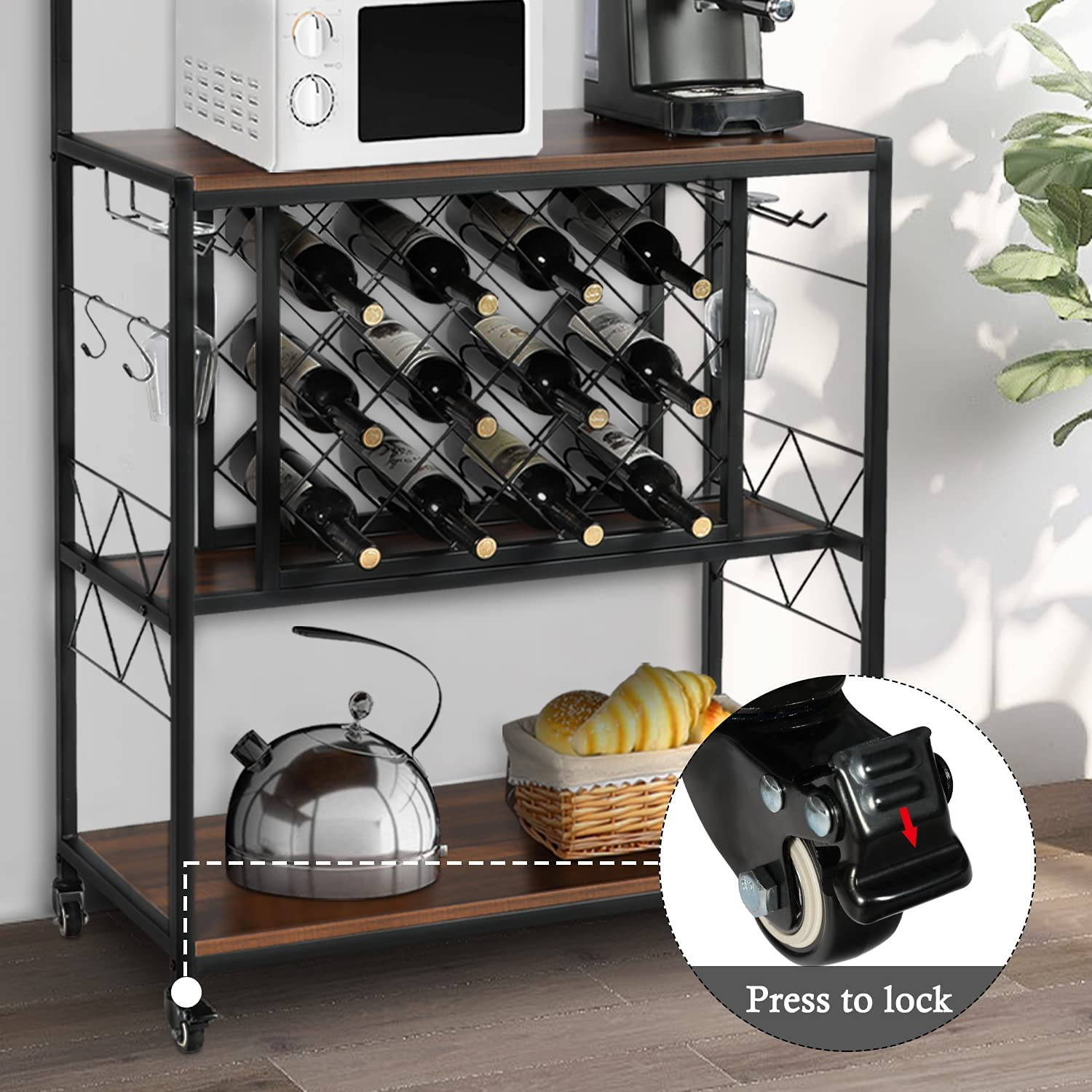 Wine Bakers Rack - 69.13" Industrial Wine Rack Table with Wine Storage & Glass Holder for Home Kitchen Dining Room Freestanding Wine Bar Cabinet Coffee Station, Multi-Function Home Bar, Brown