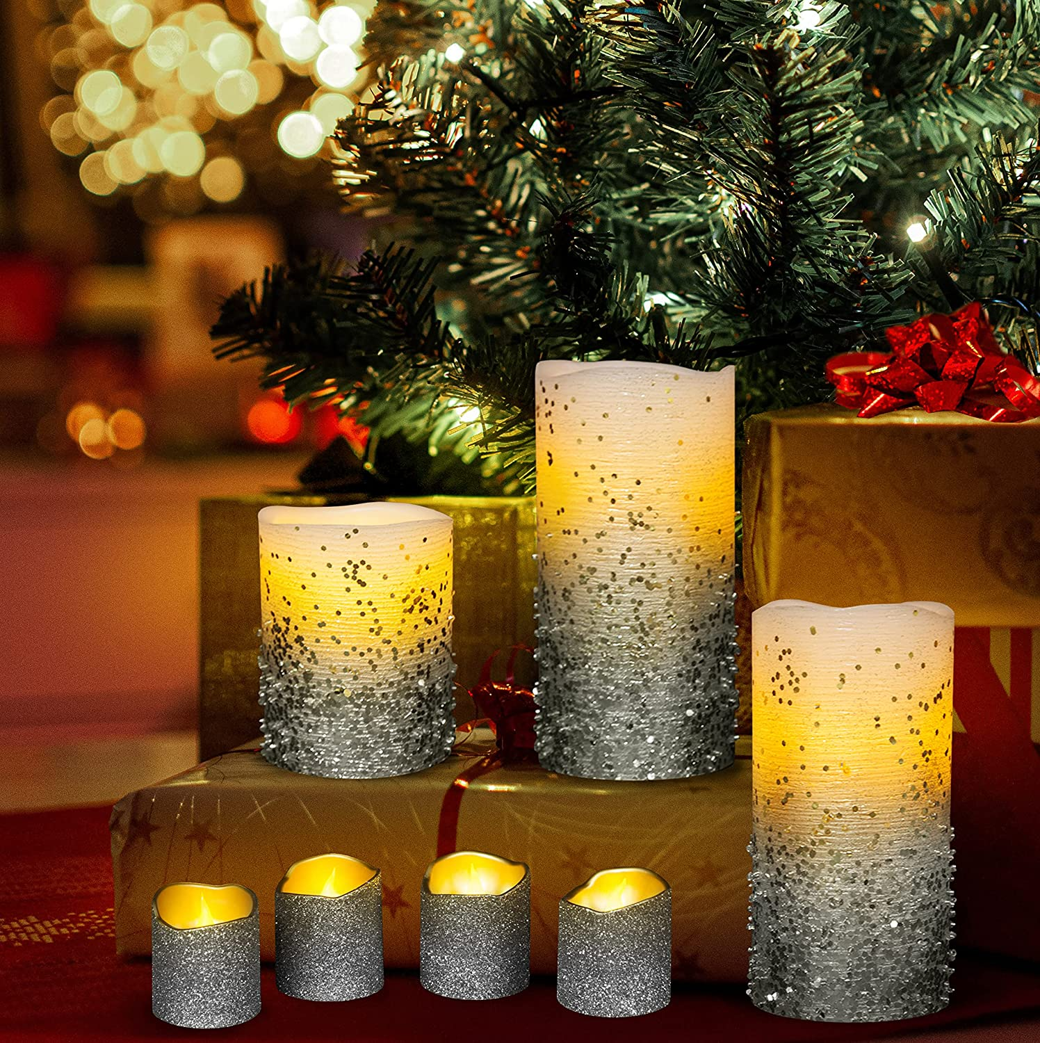 Silver Flameless Candles with Remote Control, Pack of 8 Real Wax LED Candle Battery Operated Pillar Candles and Votive Candles for Home Decor, 8 Flickering Electric Candles Gift Set