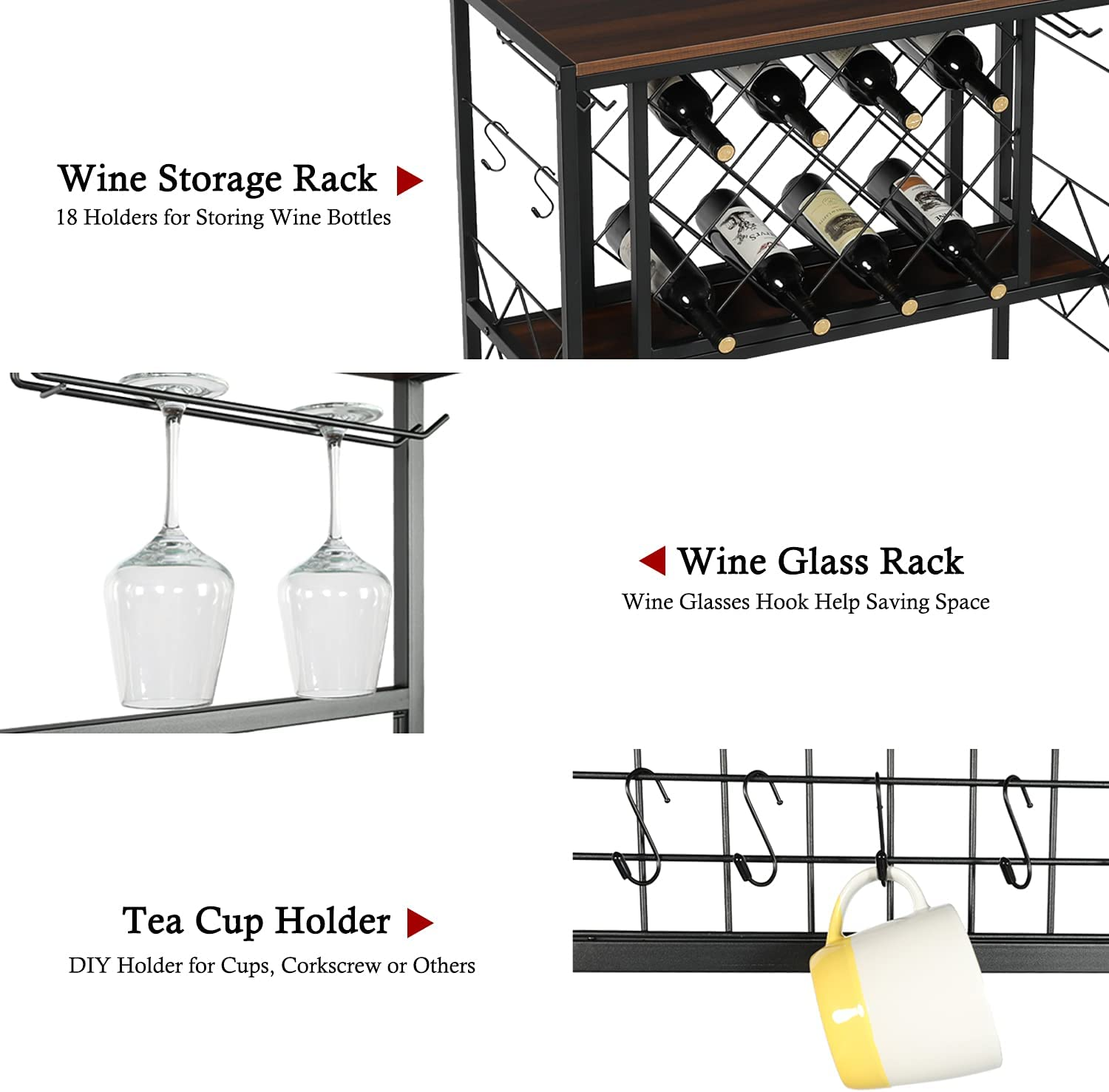 Wine Bakers Rack - 69.13" Industrial Wine Rack Table with Wine Storage & Glass Holder for Home Kitchen Dining Room Freestanding Wine Bar Cabinet Coffee Station, Multi-Function Home Bar, Brown