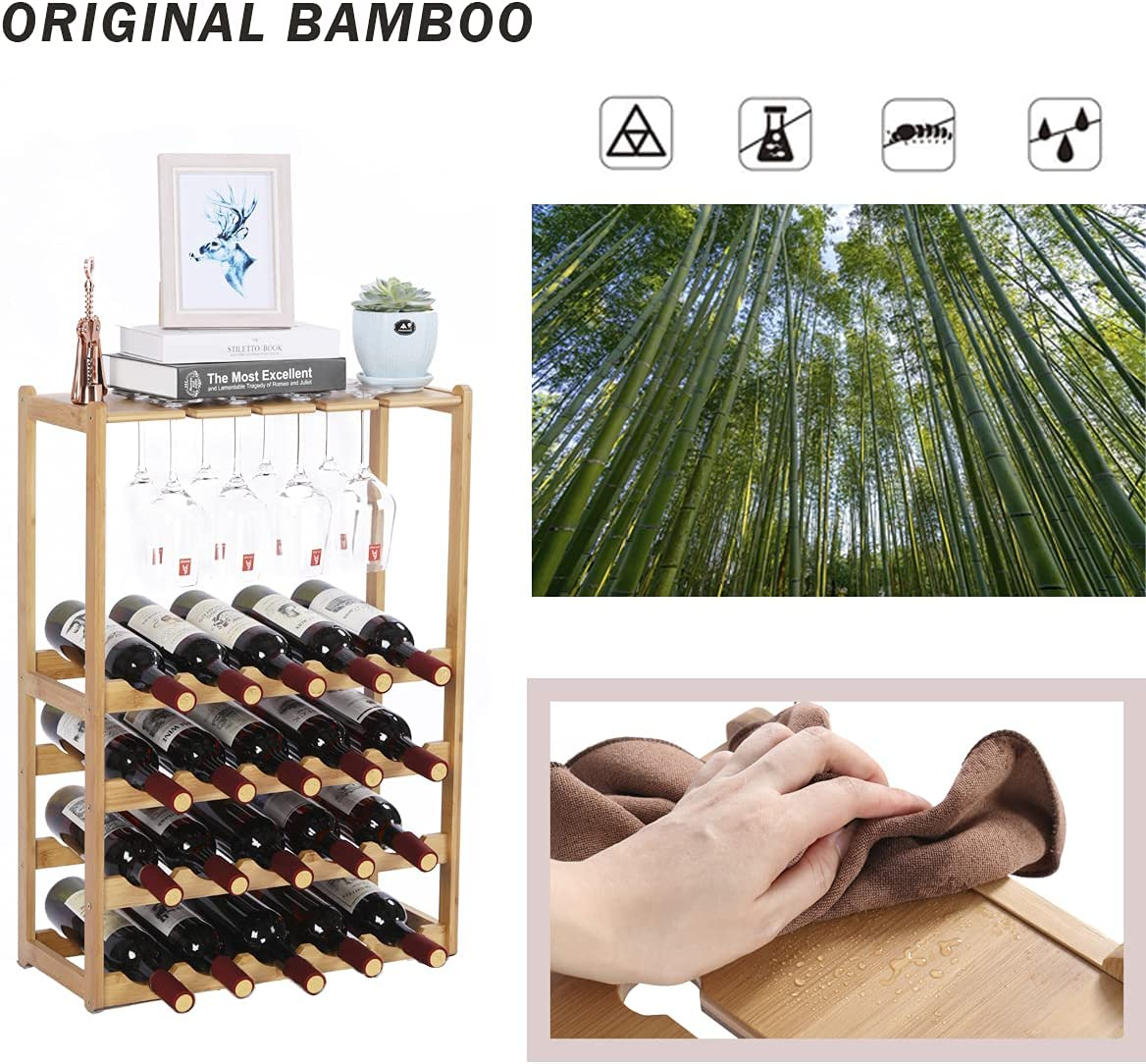 Wine Rack Bamboo 5-Tier with Glass Holder 20 Bottles Wine Storage Shelf for Home Kitchen Pantry Wine Cellar Freestanding Bottles Organizer Display Stand for Wine Lover Indoor