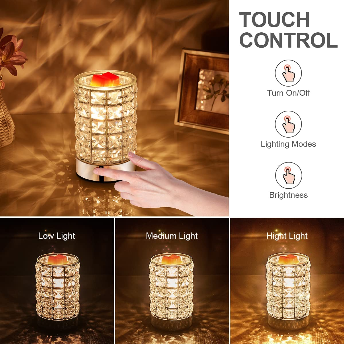 Crystal Touch Electric Wax Melts Warmer with Dimmable，Fragrance Candle Melter Warmer for Warming Scented Candle Oil Burner- Spa,Aromatherapy (Transparent Crystal)