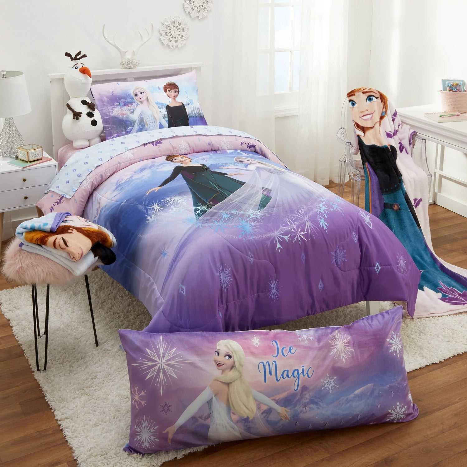 Disney Frozen Kids Twin Bed in a Bag, Comforter and Sheets, Purple and Pink