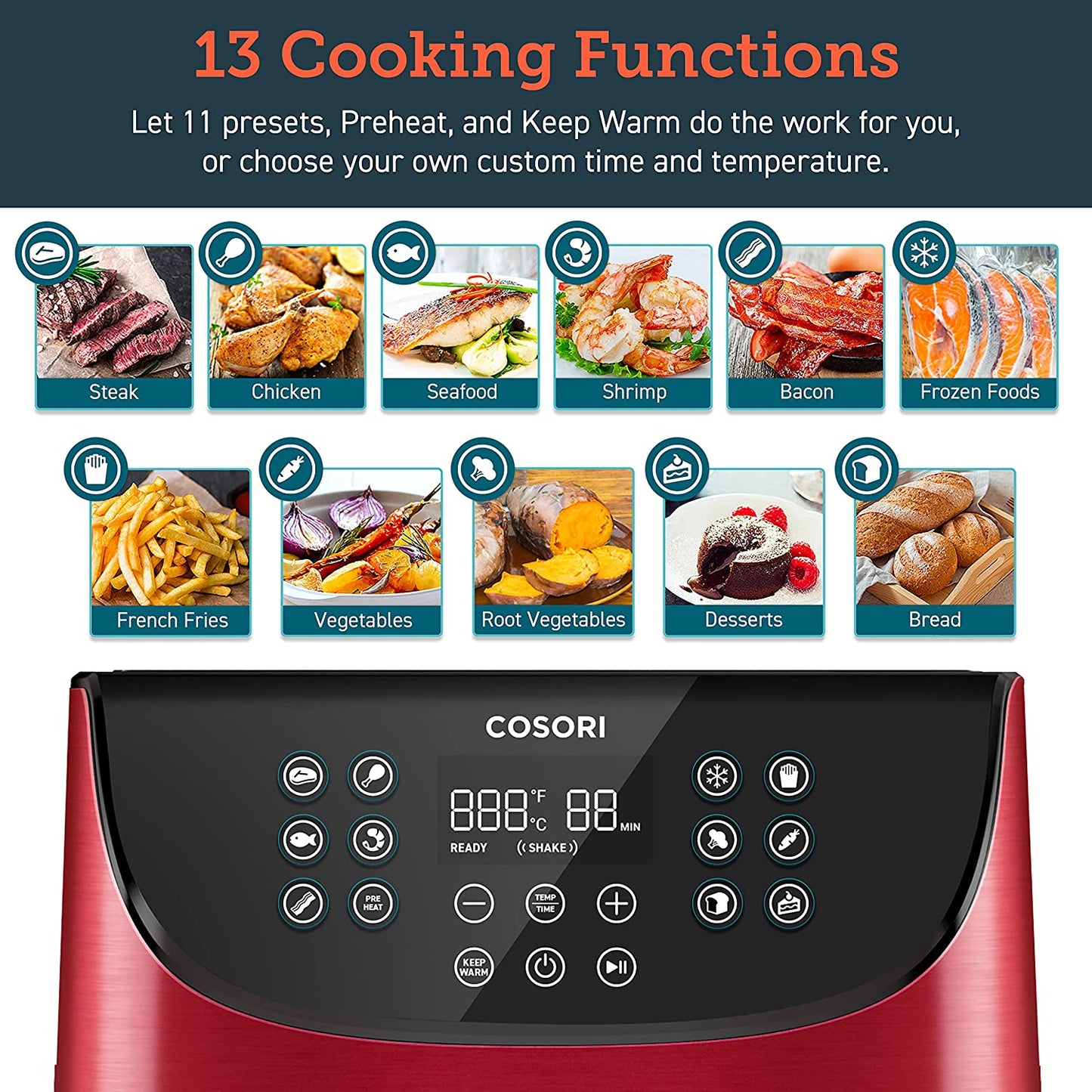 Air Fryer Max XL with 100 Recipes Electric Hot Oven Oilless Cooker LED Touch Screen with 13 Cooking Functions, Preheat and Shake Reminder, Nonstick Basket, 5.8 QT, Red