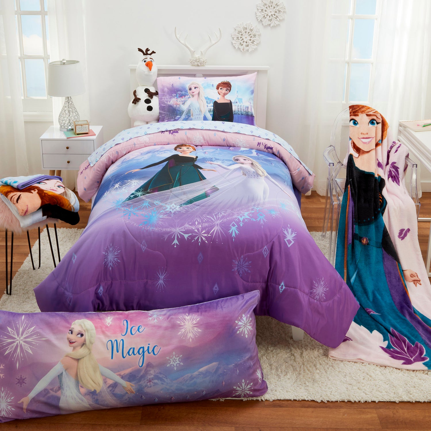 Disney Frozen Kids Twin Bed in a Bag, Comforter and Sheets, Purple and Pink